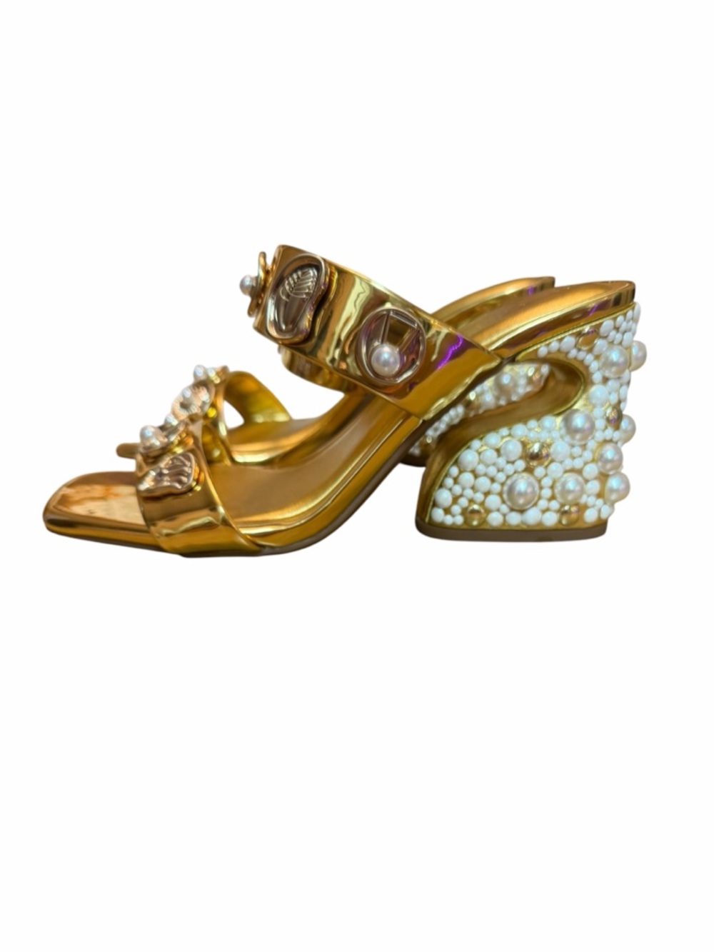 Gianni Bini Penei Gold Pearl Ornament Slide Heels Sculptural Sandals 8
